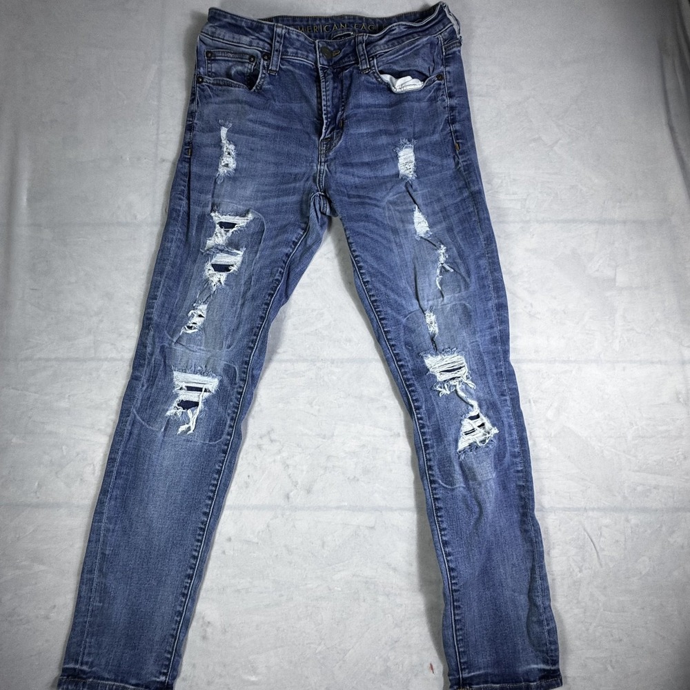 American Eagle Outfitters Skinny Jeans Mens Blue Denim Distressed Stretch 31x30